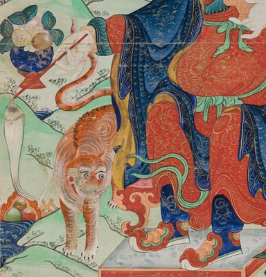 Lot 41 - A RARE THANGKA OF DHARMATALA, ATTENDANT TO THE SIXTEEN GREAT ARHATS, 18TH CENTURY