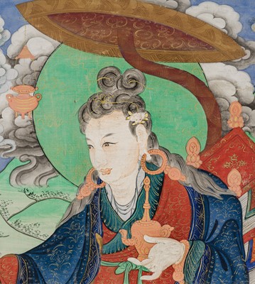 Lot 41 - A RARE THANGKA OF DHARMATALA, ATTENDANT TO THE SIXTEEN GREAT ARHATS, 18TH CENTURY