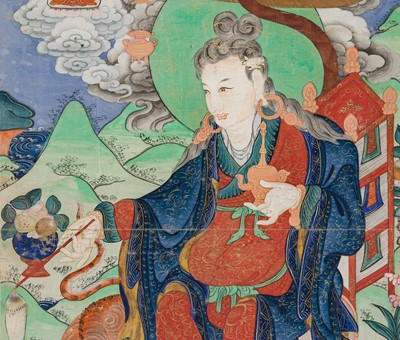 Lot 41 - A RARE THANGKA OF DHARMATALA, ATTENDANT TO THE SIXTEEN GREAT ARHATS, 18TH CENTURY