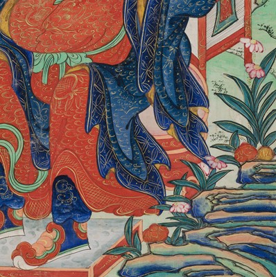 Lot 41 - A RARE THANGKA OF DHARMATALA, ATTENDANT TO THE SIXTEEN GREAT ARHATS, 18TH CENTURY