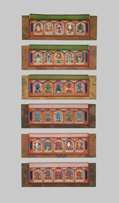 Lot 50 - A SET OF SIX FINELY PAINTED INNER COVER PANELS FROM THE 1794 QIANLONG KANGYUR IN MANCHU SCRIPT