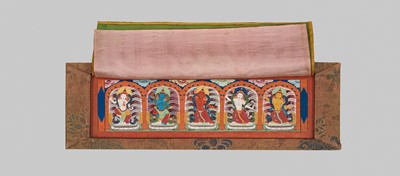Lot 50 - A SET OF SIX FINELY PAINTED INNER COVER PANELS FROM THE 1794 QIANLONG KANGYUR IN MANCHU SCRIPT