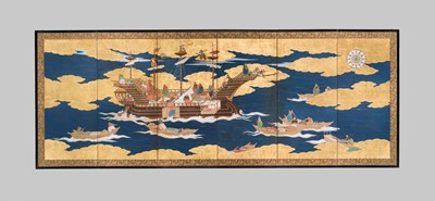 Lot 297 - A RARE SIX-PANEL BYOBU ‘NANBAN’ SCREEN DEPICTING THE ARRIVAL OF A PORTUGUESE SHIP FOR TRADE