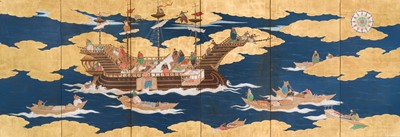 Lot 297 - A RARE SIX-PANEL BYOBU ‘NANBAN’ SCREEN DEPICTING THE ARRIVAL OF A PORTUGUESE SHIP FOR TRADE