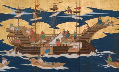 Lot 297 - A RARE SIX-PANEL BYOBU ‘NANBAN’ SCREEN DEPICTING THE ARRIVAL OF A PORTUGUESE SHIP FOR TRADE