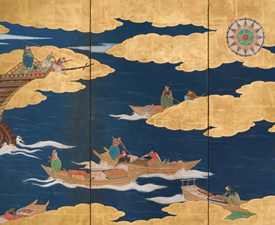 Lot 297 - A RARE SIX-PANEL BYOBU ‘NANBAN’ SCREEN DEPICTING THE ARRIVAL OF A PORTUGUESE SHIP FOR TRADE