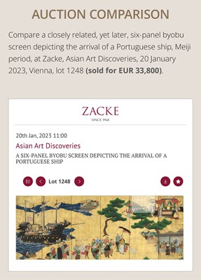 Lot 297 - A RARE SIX-PANEL BYOBU ‘NANBAN’ SCREEN DEPICTING THE ARRIVAL OF A PORTUGUESE SHIP FOR TRADE