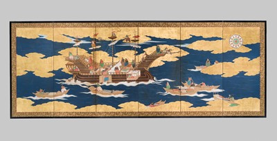 Lot 297 - A RARE SIX-PANEL BYOBU ‘NANBAN’ SCREEN DEPICTING THE ARRIVAL OF A PORTUGUESE SHIP FOR TRADE