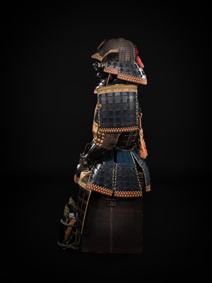 A GOMAI OKEGAWA DO GUSOKU (ARMOR) WITH AN IRON KOBOSHI KABUTO AND RESSEI MENPO