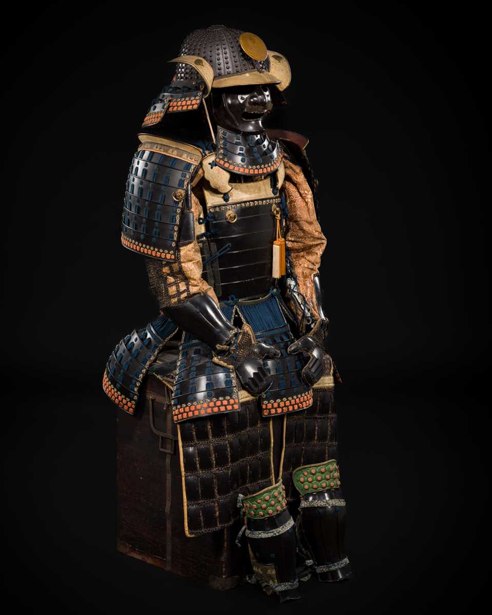 A GOMAI OKEGAWA DO GUSOKU (ARMOR) WITH AN IRON KOBOSHI KABUTO AND RESSEI MENPO