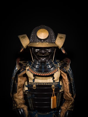 A GOMAI OKEGAWA DO GUSOKU (ARMOR) WITH AN IRON KOBOSHI KABUTO AND RESSEI MENPO