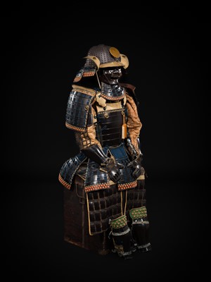 A GOMAI OKEGAWA DO GUSOKU (ARMOR) WITH AN IRON KOBOSHI KABUTO AND RESSEI MENPO