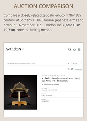 Lot 93 - A LACQUERED IRON ZABOSHI KABUTO WITH NKBKHK TOKUBETSU KICHO SHIRYO CERTIFICATE