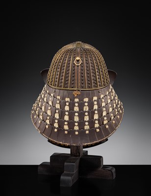 Lot 93 - A LACQUERED IRON ZABOSHI KABUTO WITH NKBKHK TOKUBETSU KICHO SHIRYO CERTIFICATE