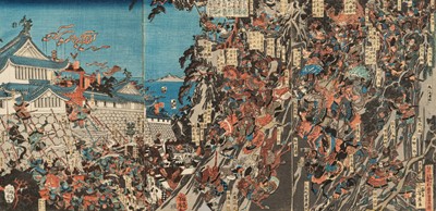 Lot 684 - UTAGAWA YOSHITORA: TRIPTYCH OF YOSHITSUNE'S DOWNHILL CHARGE AT HIYODORIGOE IN THE BATTLE OF ICHINOTANI