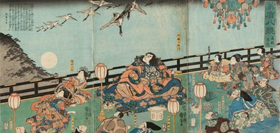 Lot 682 - UTAGAWA KUNIYOSHI: TRIPTYCH OF DESCENDING GEESE AT TAKADONO