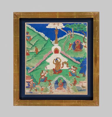 Lot 46 - A RARE SET OF SEVEN THANGKA DEPICTING SCENES FROM THE LIFE OF BUDDHA, TIBET, 18TH-19TH CENTURY