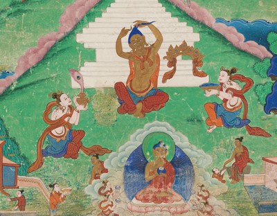 Lot 46 - A RARE SET OF SEVEN THANGKA DEPICTING SCENES FROM THE LIFE OF BUDDHA, TIBET, 18TH-19TH CENTURY