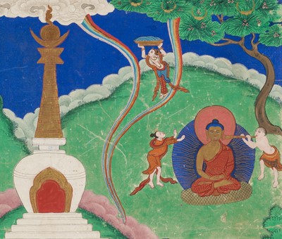 Lot 46 - A RARE SET OF SEVEN THANGKA DEPICTING SCENES FROM THE LIFE OF BUDDHA, TIBET, 18TH-19TH CENTURY