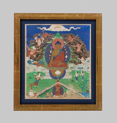 Lot 46 - A RARE SET OF SEVEN THANGKA DEPICTING SCENES FROM THE LIFE OF BUDDHA, TIBET, 18TH-19TH CENTURY