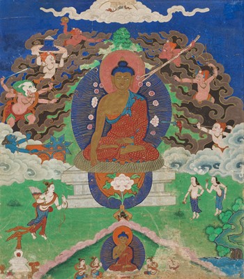 Lot 46 - A RARE SET OF SEVEN THANGKA DEPICTING SCENES FROM THE LIFE OF BUDDHA, TIBET, 18TH-19TH CENTURY