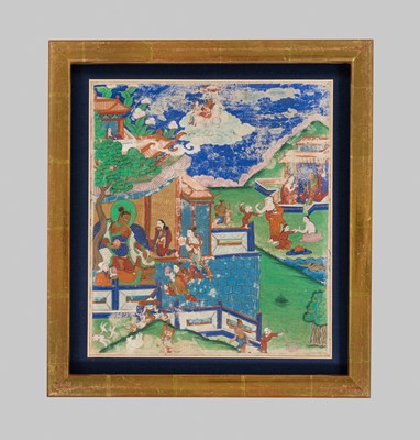 Lot 46 - A RARE SET OF SEVEN THANGKA DEPICTING SCENES FROM THE LIFE OF BUDDHA, TIBET, 18TH-19TH CENTURY