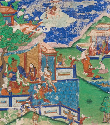 Lot 46 - A RARE SET OF SEVEN THANGKA DEPICTING SCENES FROM THE LIFE OF BUDDHA, TIBET, 18TH-19TH CENTURY