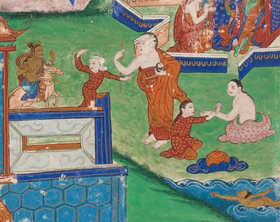 Lot 46 - A RARE SET OF SEVEN THANGKA DEPICTING SCENES FROM THE LIFE OF BUDDHA, TIBET, 18TH-19TH CENTURY