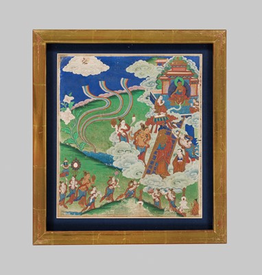 Lot 46 - A RARE SET OF SEVEN THANGKA DEPICTING SCENES FROM THE LIFE OF BUDDHA, TIBET, 18TH-19TH CENTURY