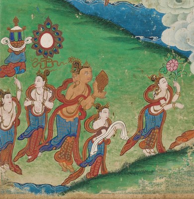 Lot 46 - A RARE SET OF SEVEN THANGKA DEPICTING SCENES FROM THE LIFE OF BUDDHA, TIBET, 18TH-19TH CENTURY