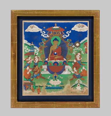 Lot 46 - A RARE SET OF SEVEN THANGKA DEPICTING SCENES FROM THE LIFE OF BUDDHA, TIBET, 18TH-19TH CENTURY