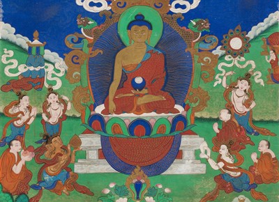 Lot 46 - A RARE SET OF SEVEN THANGKA DEPICTING SCENES FROM THE LIFE OF BUDDHA, TIBET, 18TH-19TH CENTURY