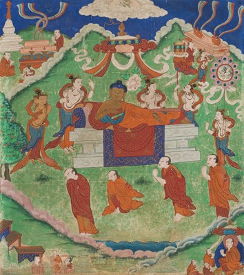 Lot 46 - A RARE SET OF SEVEN THANGKA DEPICTING SCENES FROM THE LIFE OF BUDDHA, TIBET, 18TH-19TH CENTURY