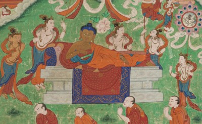Lot 46 - A RARE SET OF SEVEN THANGKA DEPICTING SCENES FROM THE LIFE OF BUDDHA, TIBET, 18TH-19TH CENTURY
