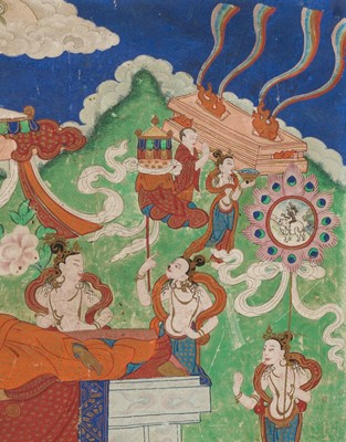 Lot 46 - A RARE SET OF SEVEN THANGKA DEPICTING SCENES FROM THE LIFE OF BUDDHA, TIBET, 18TH-19TH CENTURY
