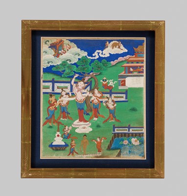 Lot 46 - A RARE SET OF SEVEN THANGKA DEPICTING SCENES FROM THE LIFE OF BUDDHA, TIBET, 18TH-19TH CENTURY