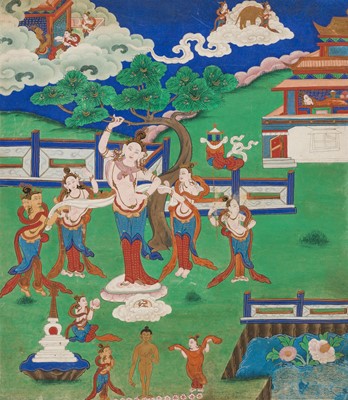 Lot 46 - A RARE SET OF SEVEN THANGKA DEPICTING SCENES FROM THE LIFE OF BUDDHA, TIBET, 18TH-19TH CENTURY