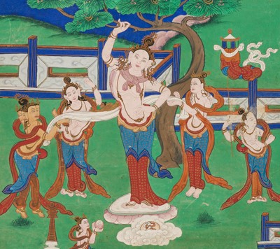 Lot 46 - A RARE SET OF SEVEN THANGKA DEPICTING SCENES FROM THE LIFE OF BUDDHA, TIBET, 18TH-19TH CENTURY