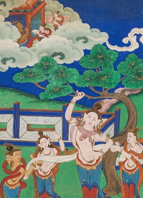 Lot 46 - A RARE SET OF SEVEN THANGKA DEPICTING SCENES FROM THE LIFE OF BUDDHA, TIBET, 18TH-19TH CENTURY