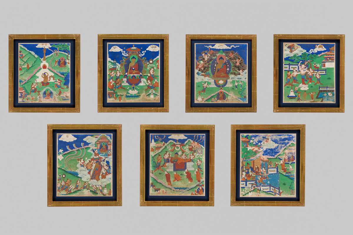 Lot 46 - A RARE SET OF SEVEN THANGKA DEPICTING SCENES FROM THE LIFE OF BUDDHA, TIBET, 18TH-19TH CENTURY