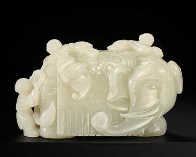A WHITE JADE ‘ELEPHANT AND BOYS’ GROUP, 18TH-19TH CENTURY