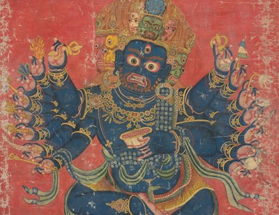 Lot 38 - AN EXTREMELY RARE THANGKA OF SHASTRADHARA (‘WEAPON-HOLDING’) HEVAJRA, TIBET, 15TH-16TH CENTURY