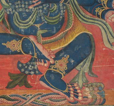 Lot 38 - AN EXTREMELY RARE THANGKA OF SHASTRADHARA (‘WEAPON-HOLDING’) HEVAJRA, TIBET, 15TH-16TH CENTURY