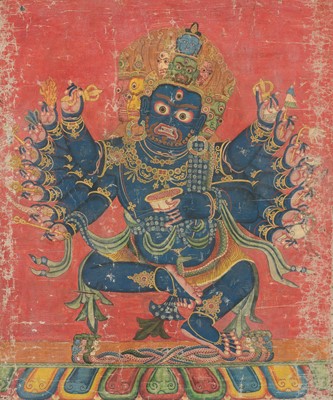 Lot 38 - AN EXTREMELY RARE THANGKA OF SHASTRADHARA (‘WEAPON-HOLDING’) HEVAJRA, TIBET, 15TH-16TH CENTURY