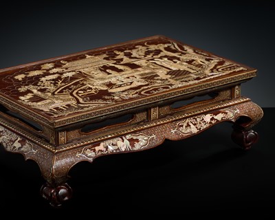 Lot 400 - A MOTHER-OF-PEARL-INLAID LACQUER LOW TABLE, KANGJI, MING DYNASTY
