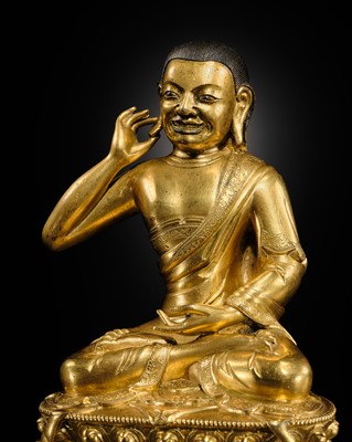 Lot 25 - A RARE GILT BRONZE FIGURE OF MILAREPA, TIBET, 18TH CENTURY