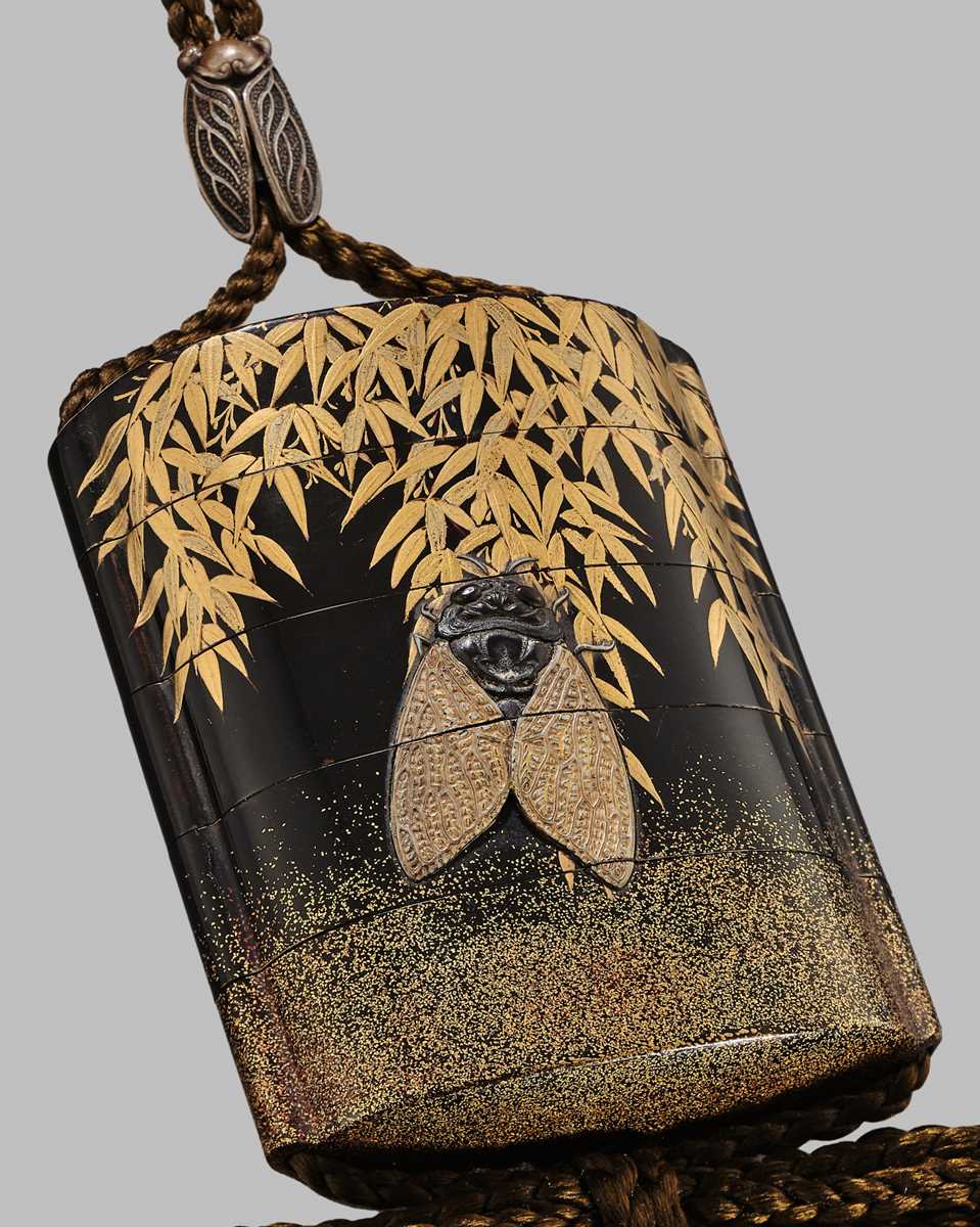 Lot 43 - A SUPERB ‘CICADA AND BAMBOO’ FOUR-CASE LACQUER INRO SET WITH MATCHING NETSUKE AND OJIME