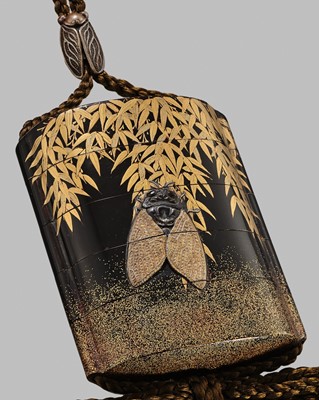 Lot 43 - A SUPERB ‘CICADA AND BAMBOO’ FOUR-CASE LACQUER INRO SET WITH MATCHING NETSUKE AND OJIME