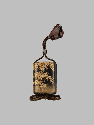 Lot 43 - A SUPERB ‘CICADA AND BAMBOO’ FOUR-CASE LACQUER INRO SET WITH MATCHING NETSUKE AND OJIME