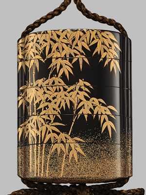 Lot 43 - A SUPERB ‘CICADA AND BAMBOO’ FOUR-CASE LACQUER INRO SET WITH MATCHING NETSUKE AND OJIME